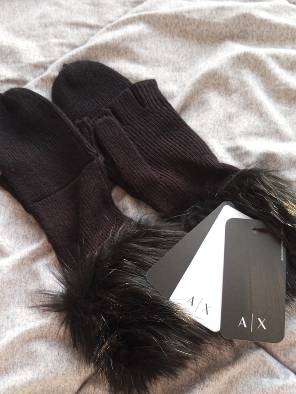 Armani Exchange Black Knit Mittens with Faux Fur Cuff